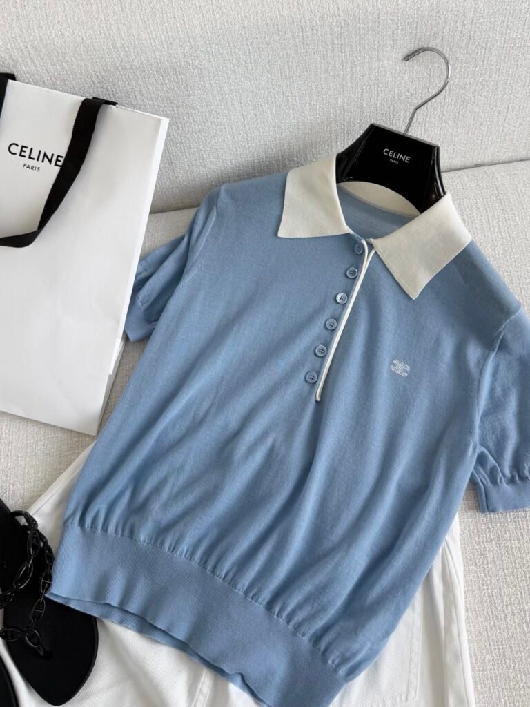 Triomphe Embroidered Contrast Collar Knit Polo Shirt (Ce Style)