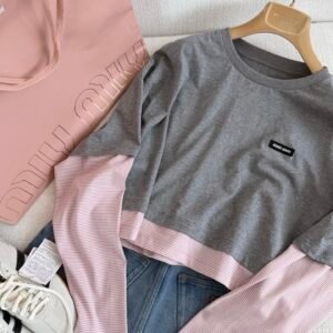 Layered Striped Long Sleeve Crop Top (M Style)