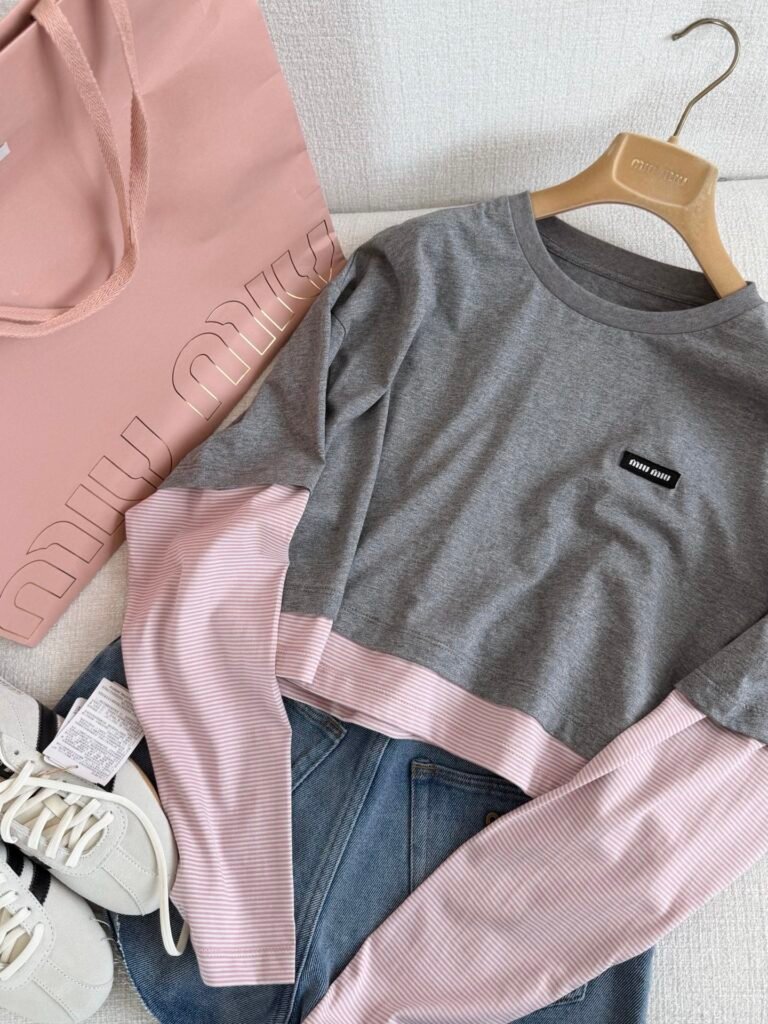 Layered Striped Long Sleeve Crop Top (M Style)
