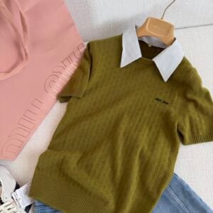 Layered Collar Pointelle Knit Short Sleeve Sweater (M Style)