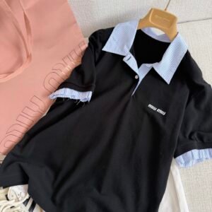 Layered Striped Collar Short Sleeve Polo Shirt (M Style)
