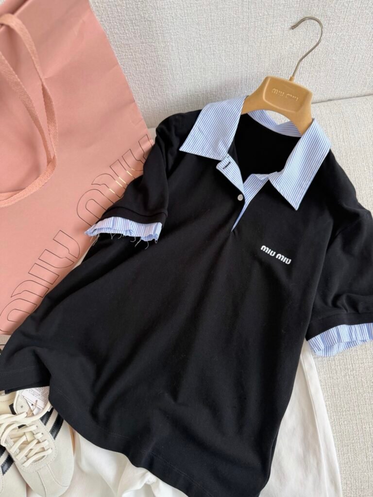 Layered Striped Collar Short Sleeve Polo Shirt (M Style)