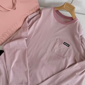 Pink Striped Pocket Logo Long Sleeve T-Shirt (M Style)