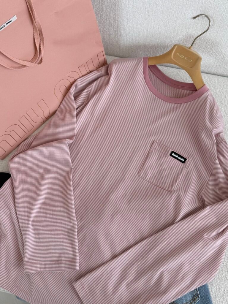 Pink Striped Pocket Logo Long Sleeve T-Shirt (M Style)