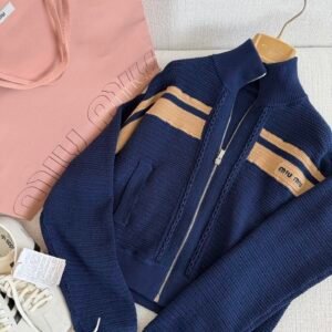 Striped Logo High Neck Zip-Up Knit Jacket (M Style)