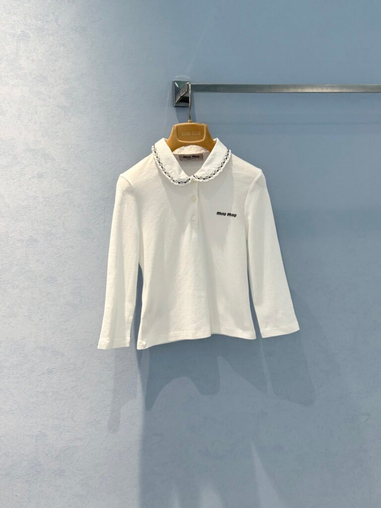 Scalloped Collar Logo Embroidered Top (M*u Style)
