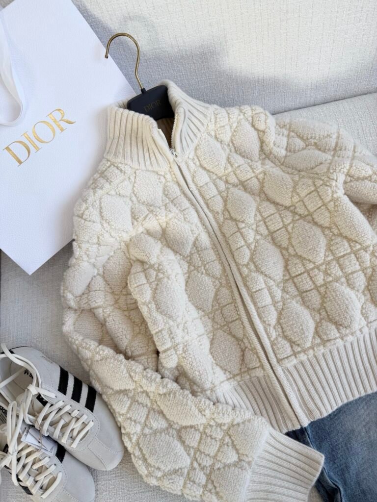 Cannage Pattern High Neck Zip-Up Fleece Jacket (Dior Style)