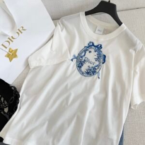 Blue Bow Oval Medallion Embroidered T-Shirt (Dior Style)