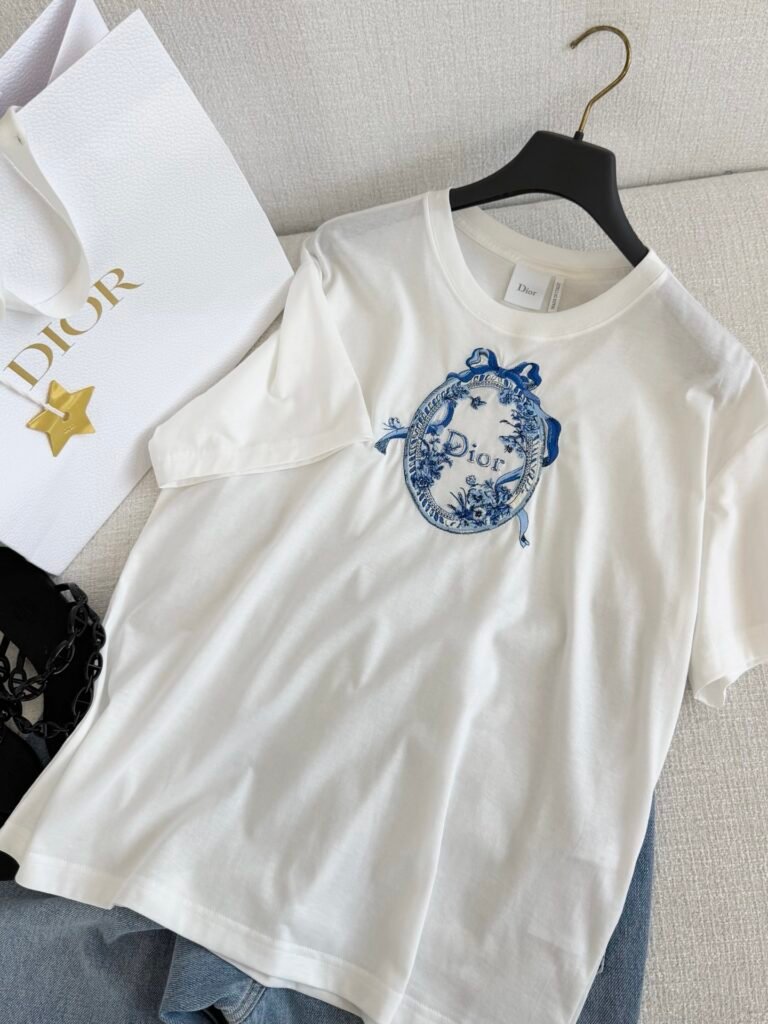 Blue Bow Oval Medallion Embroidered T-Shirt (Dior Style)