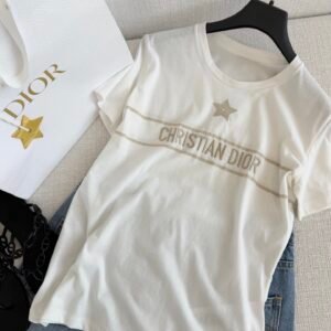 Gold Embroidered Logo & Star Short Sleeve T-Shirt (Dior Style)