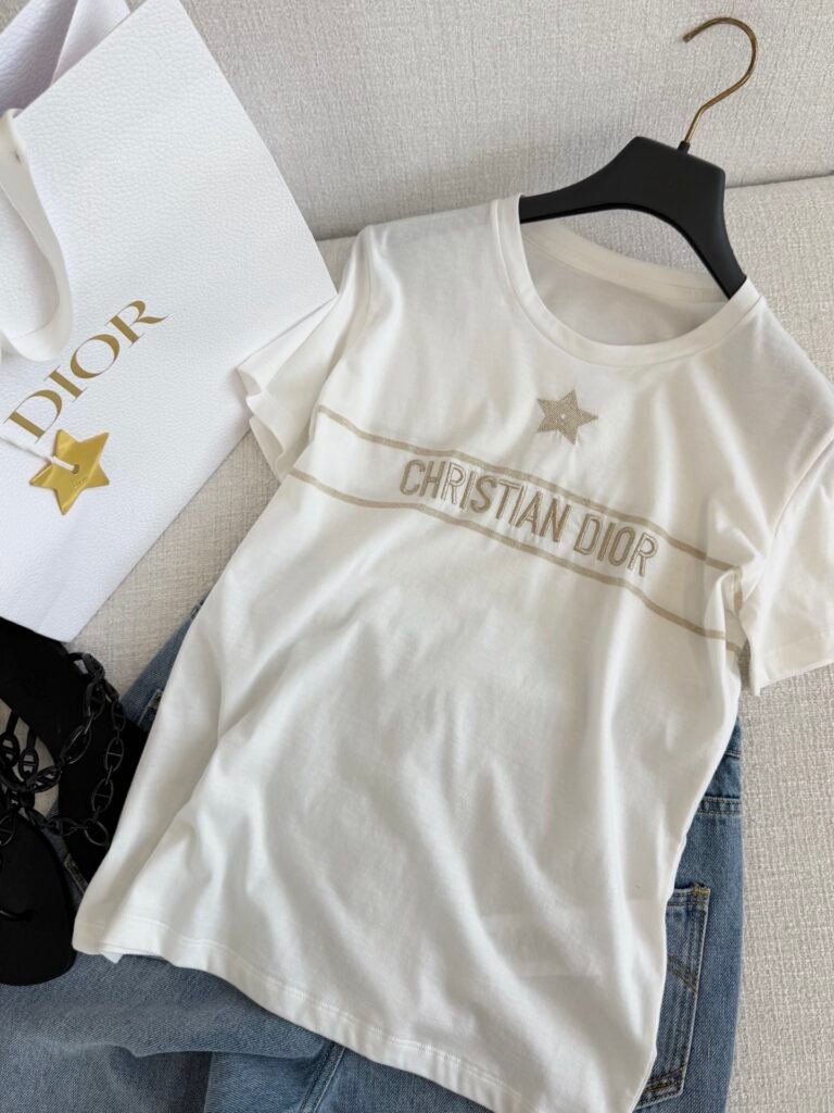 Gold Embroidered Logo & Star Short Sleeve T-Shirt (Dior Style)