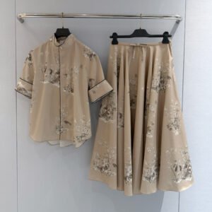 Toile de Jouy Print Short Sleeve Shirt and Maxi Skirt Set (Dior Style)