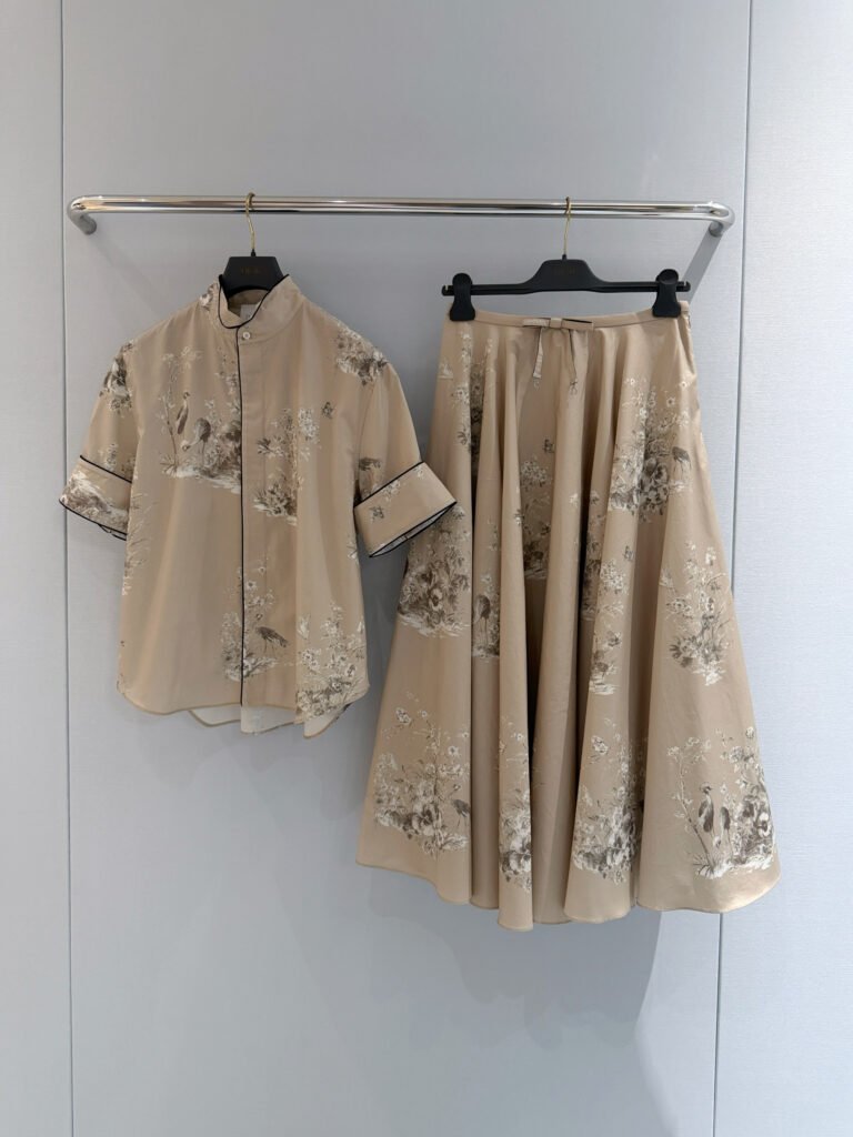 Toile de Jouy Print Short Sleeve Shirt and Maxi Skirt Set (Dior Style)