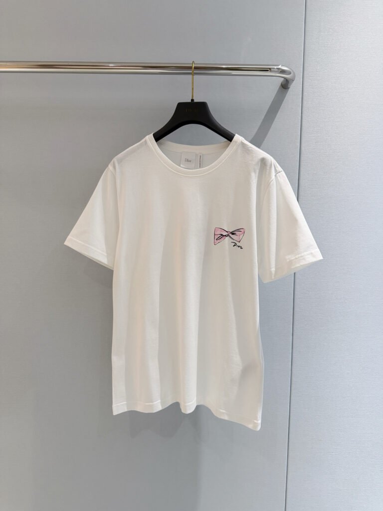 Hand-Drawn Pink Bow Printed T-Shirt (Dior Style)