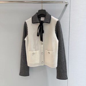 Houndstooth Contrast Tie Bow Cardigan Jacket (Dior Style)