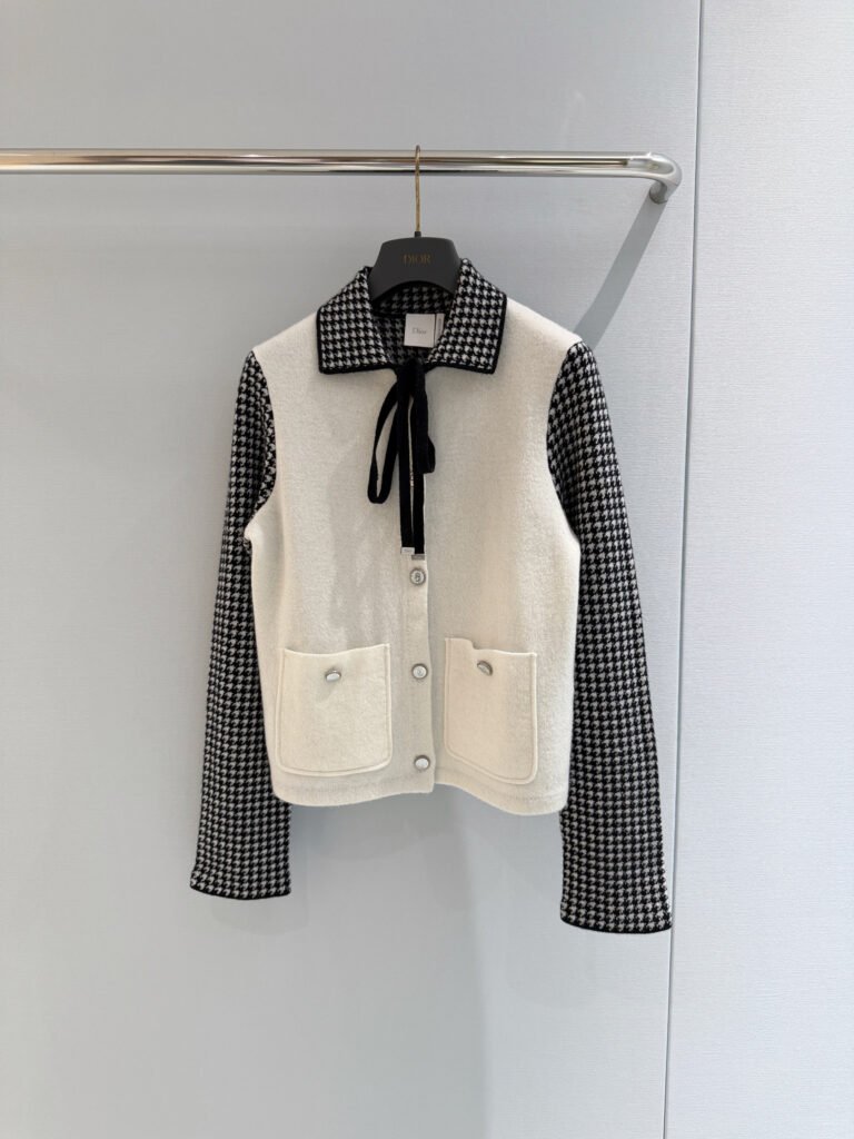 Houndstooth Contrast Tie Bow Cardigan Jacket (Dior Style)