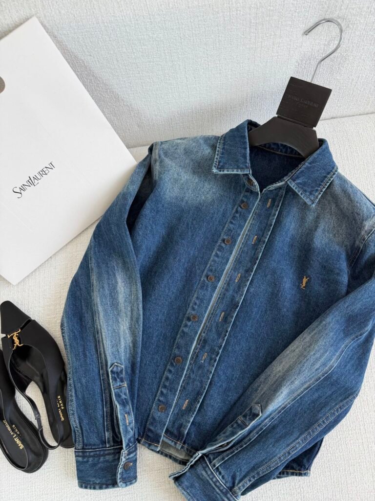 Vintage Wash Embroidered Logo Denim Shirt (YSL Style)