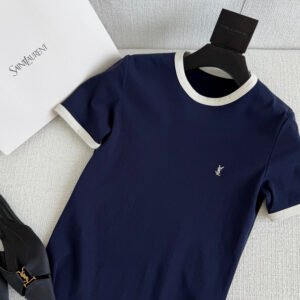 Contrast Trim Embroidered Logo Ringer T-Shirt (YSL Style)