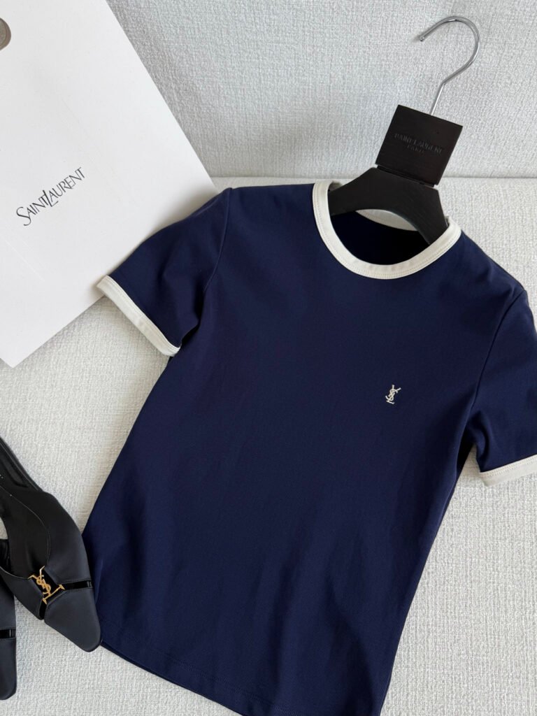 Contrast Trim Embroidered Logo Ringer T-Shirt (YSL Style)