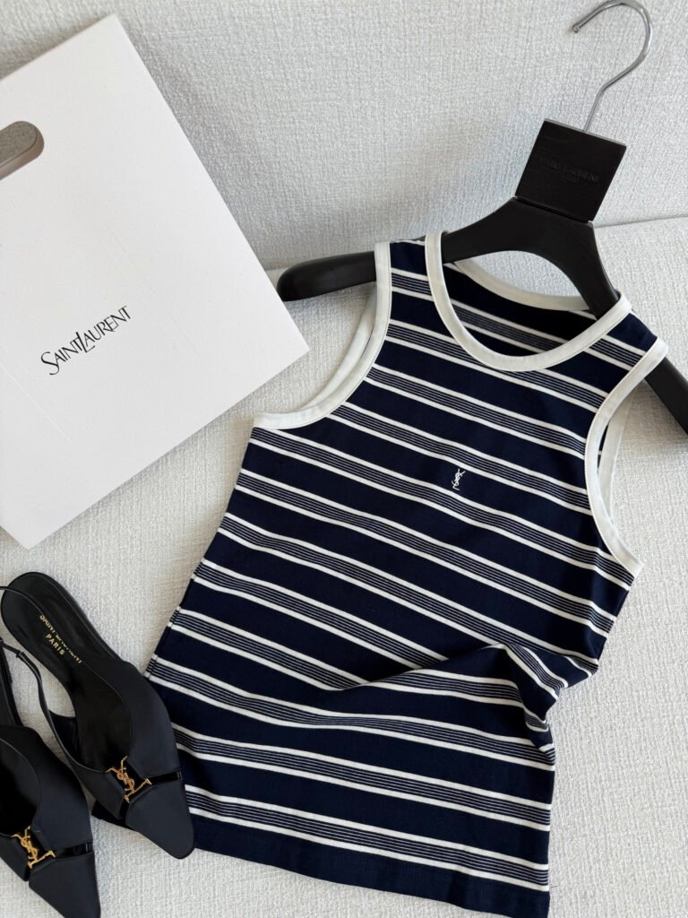 Striped Contrast Trim Logo Tank Top (YSL Style)