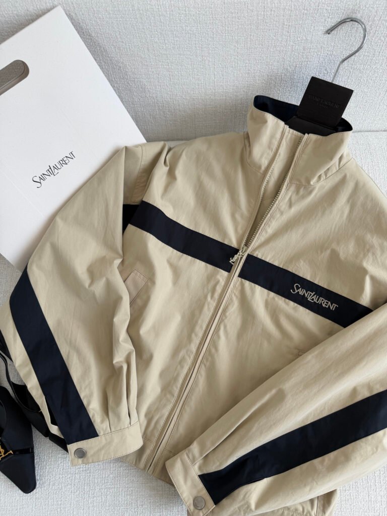 Contrast Stripe Logo Zip-Up Windbreaker Jacket (YSL Style)