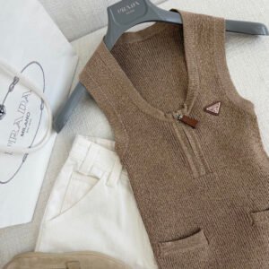 Zip-Up V-Neck Ribbed Knit Vest Top (Prada Style)
