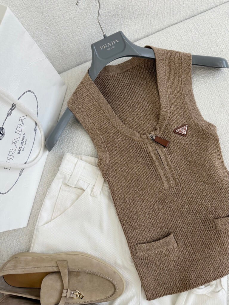 Zip-Up V-Neck Ribbed Knit Vest Top (Prada Style)