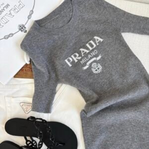 Logo Jacquard Half-Sleeve Ribbed Knit Top (Prada Style)