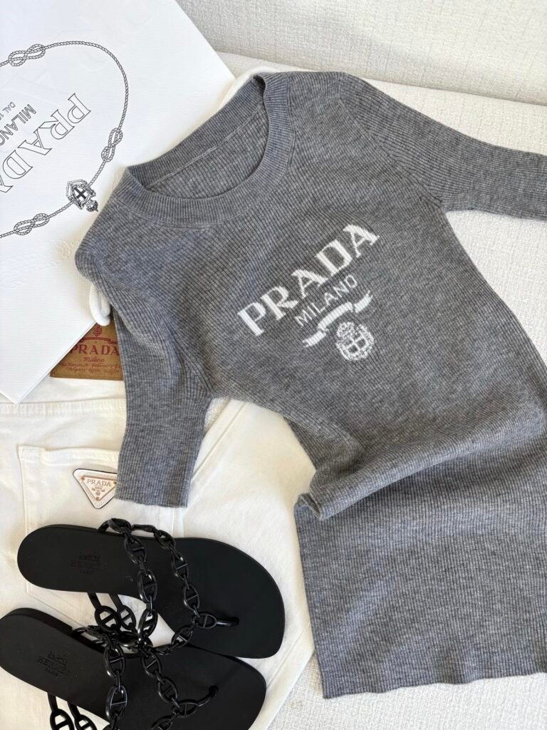 Logo Jacquard Half-Sleeve Ribbed Knit Top (Prada Style)