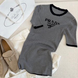 Striped Logo Jacquard Half-Sleeve Knit Top (Prada Style)