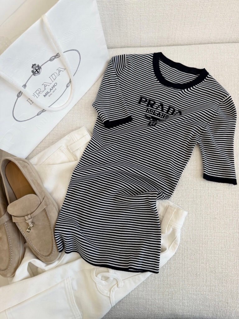 Striped Logo Jacquard Half-Sleeve Knit Top (Prada Style)