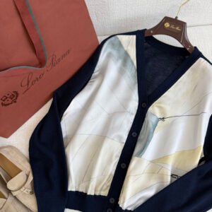 Silk Front Sailing Print V-Neck Cardigan (Loro Piana Style)