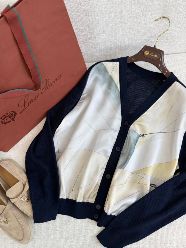 Silk Front Sailing Print V-Neck Cardigan (Loro Piana Style)