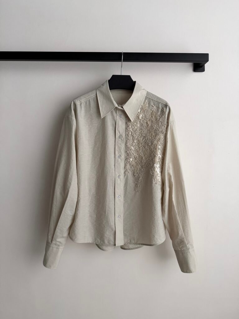 Sequin Embroidered Floral Lace Long Sleeve Shirt (Brunello Cucinelli Style)