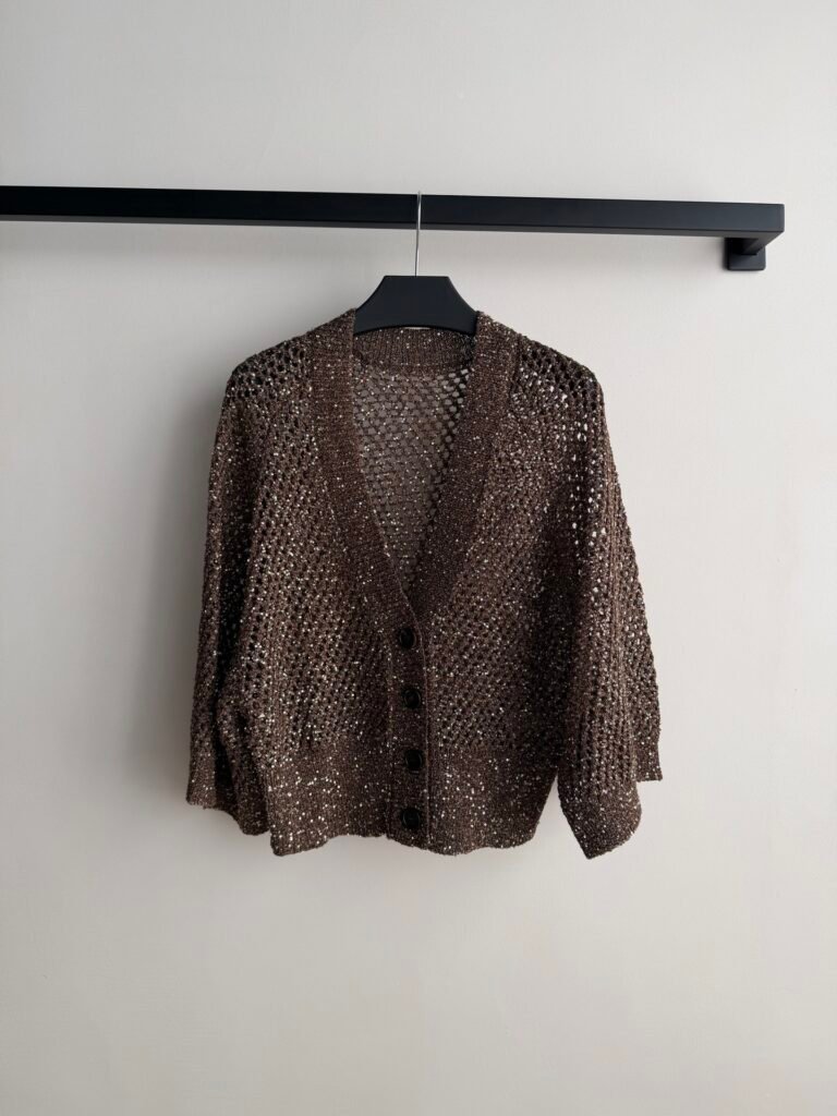 Sparkling Sequin Net Knit V-Neck Cardigan (Brunello Cucinelli Style)