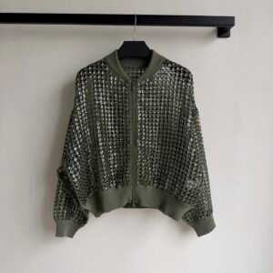 Mesh Open-Work Sequin Zip-Up Bomber Jacket (Brunello Cucinelli Style)