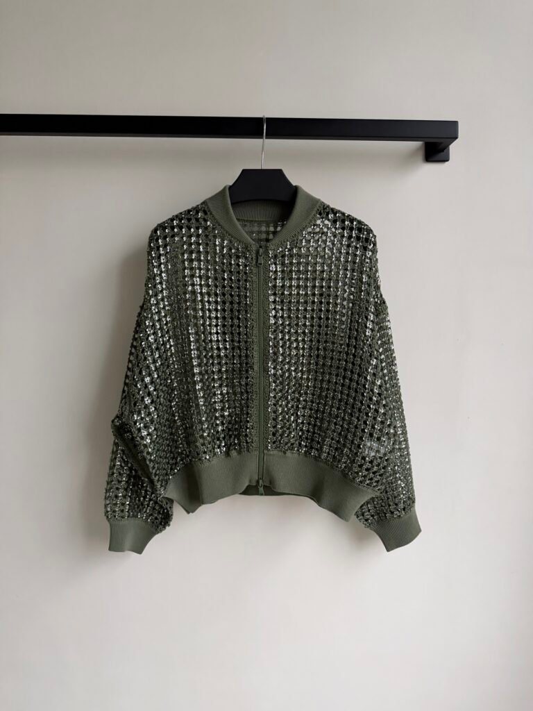 Mesh Open-Work Sequin Zip-Up Bomber Jacket (Brunello Cucinelli Style)