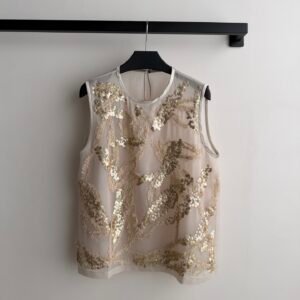 Sequin Feather Embroidered Sheer Tank Top (Brunello Cucinelli Style)