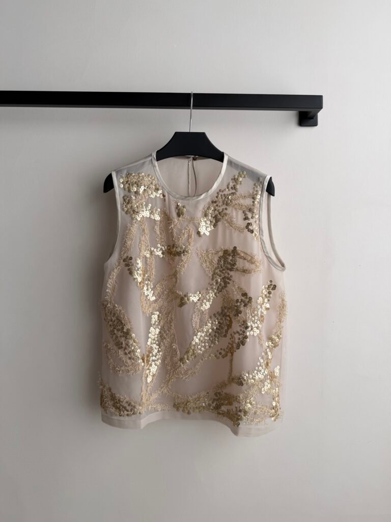 Sequin Feather Embroidered Sheer Tank Top (Brunello Cucinelli Style)