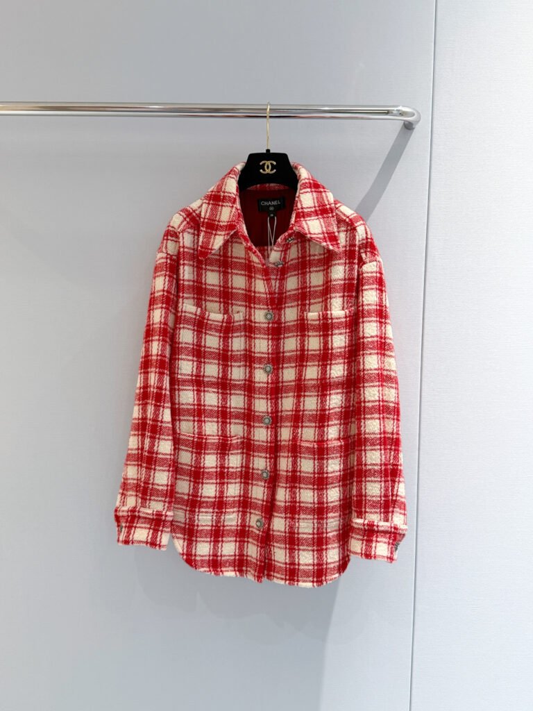 Red Plaid Checkered Tweed Oversized Shirt Jacket (Chanel Style)