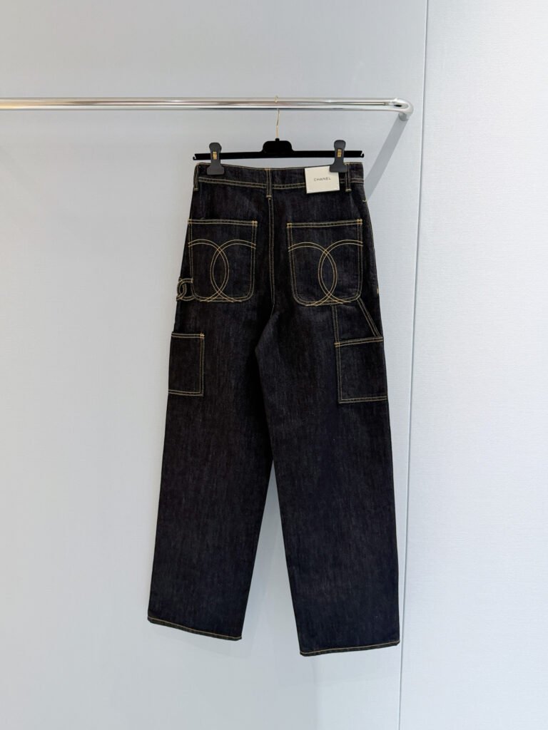 High-Waisted Dark Wash Wide-Leg Cargo Jeans (Chanel Style)