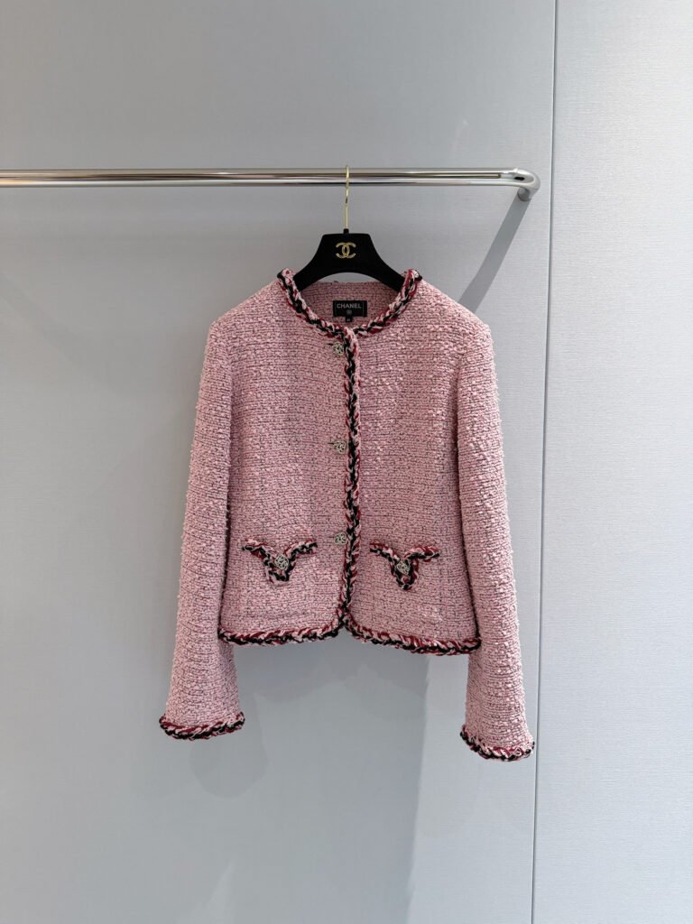 Soft Pink Tweed Jacket with Contrast Braided Trim (Chanel Style)