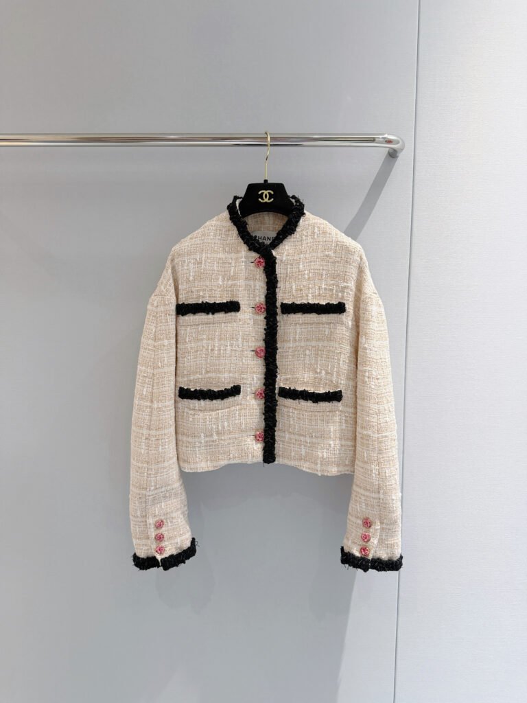 Classic Beige Tweed Cropped Jacket with Black Trim (Chanel Style)