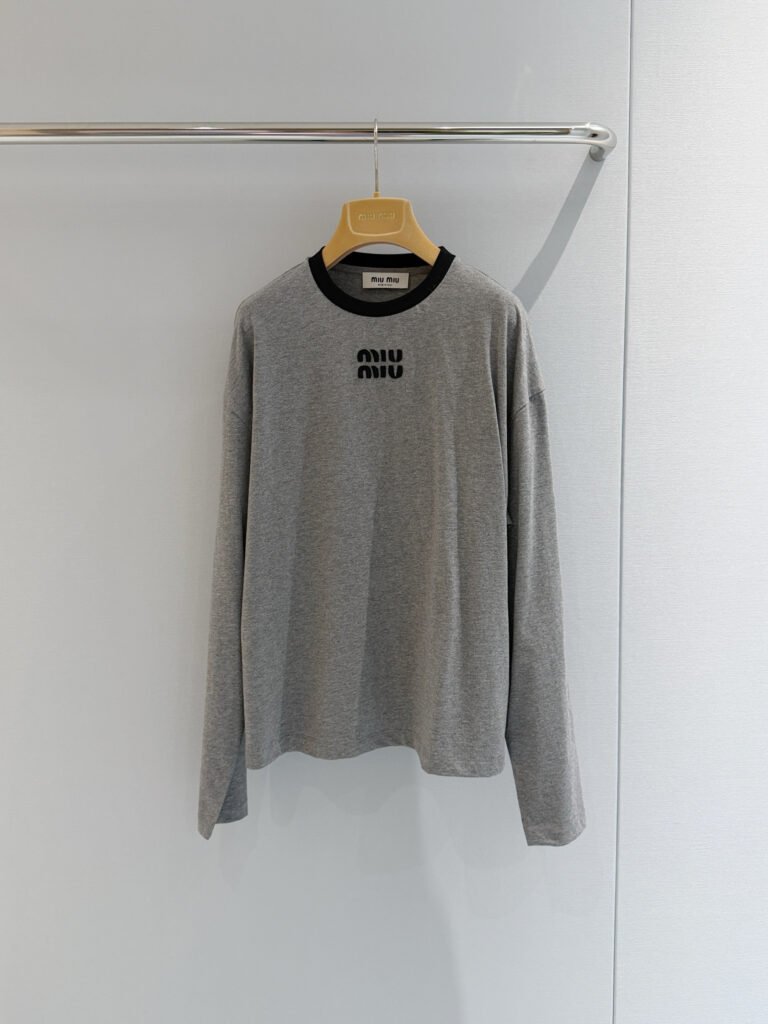 Contrast Trim Crewneck Long Sleeve Cotton T-Shirt (Miu Miu Style)