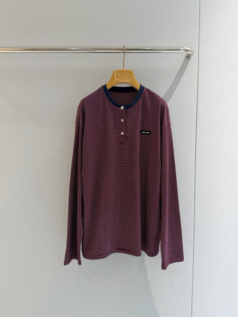 Fine Striped Henley Neck Long Sleeve T-Shirt (Miu Miu Style)
