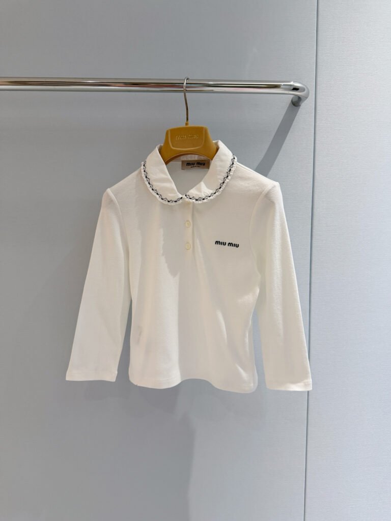 Lace-Trimmed Peter Pan Collar Long Sleeve Polo Top (Miu Miu Style)