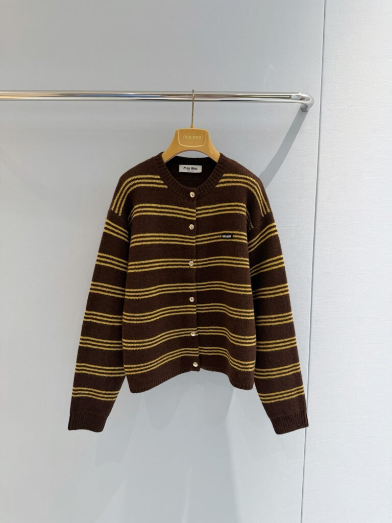 Striped Crewneck Button-Front Knit Cardigan Sweater (Miu Miu Style)