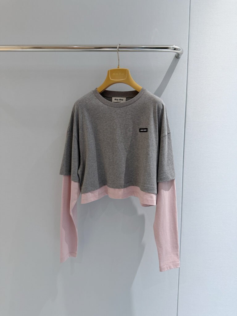 Cropped Layered Long Sleeve Top with Pink Stripes (Miu Miu Style)