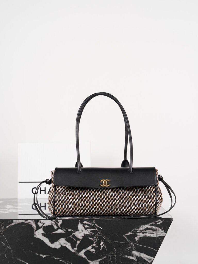 Small Tweed & Leather Flap Baguette Bag with Long Top Handles (Chanel Style)