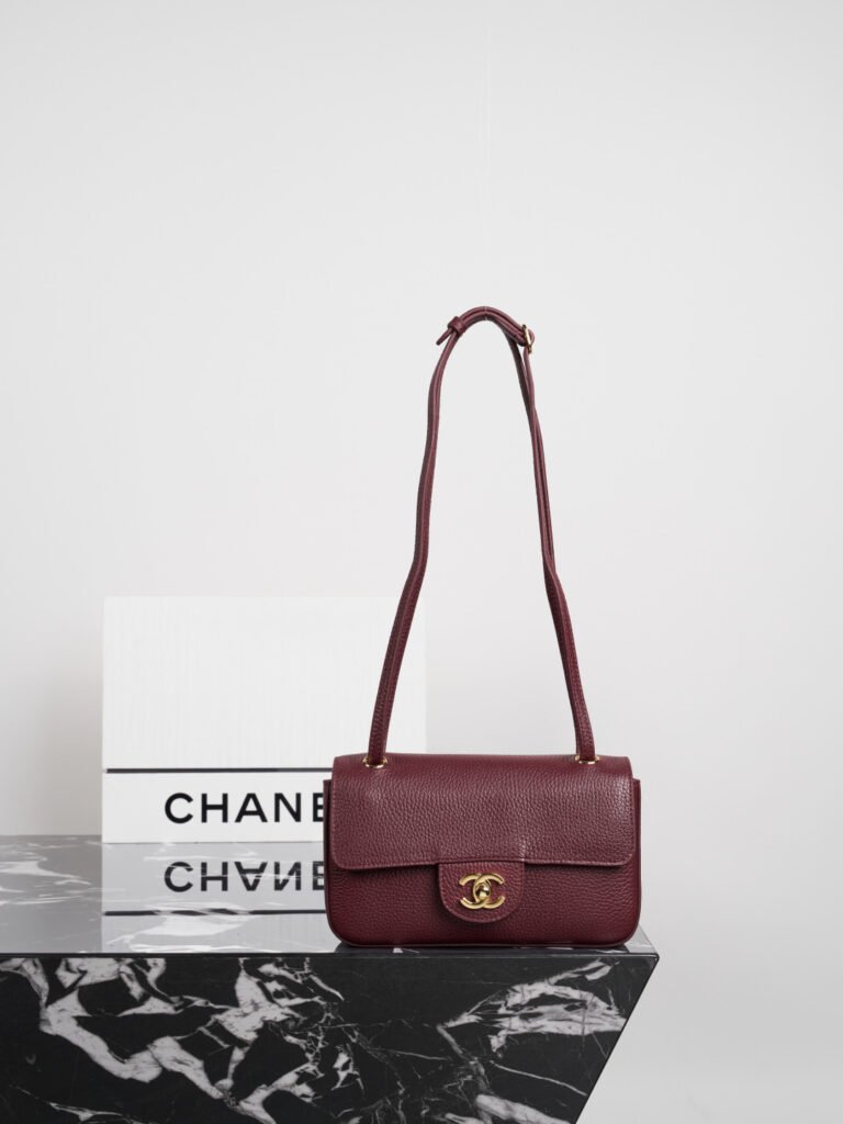 Burgundy Caviar Grainy Leather Flap Shoulder Bag (Chanel Style)